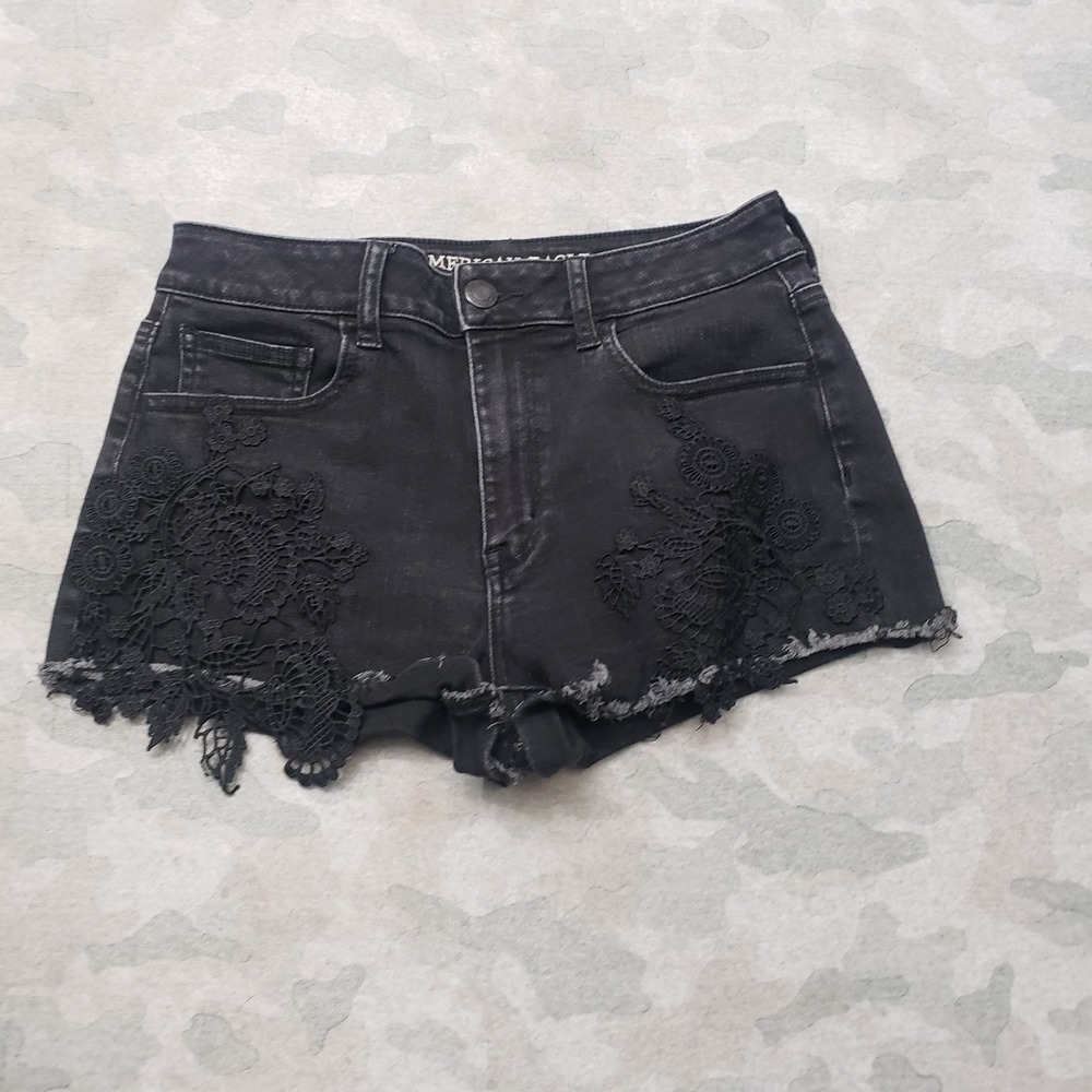 American Eagle Shorts Womens 10 Black Hi-Rise Pockets Denim Stretch Lace